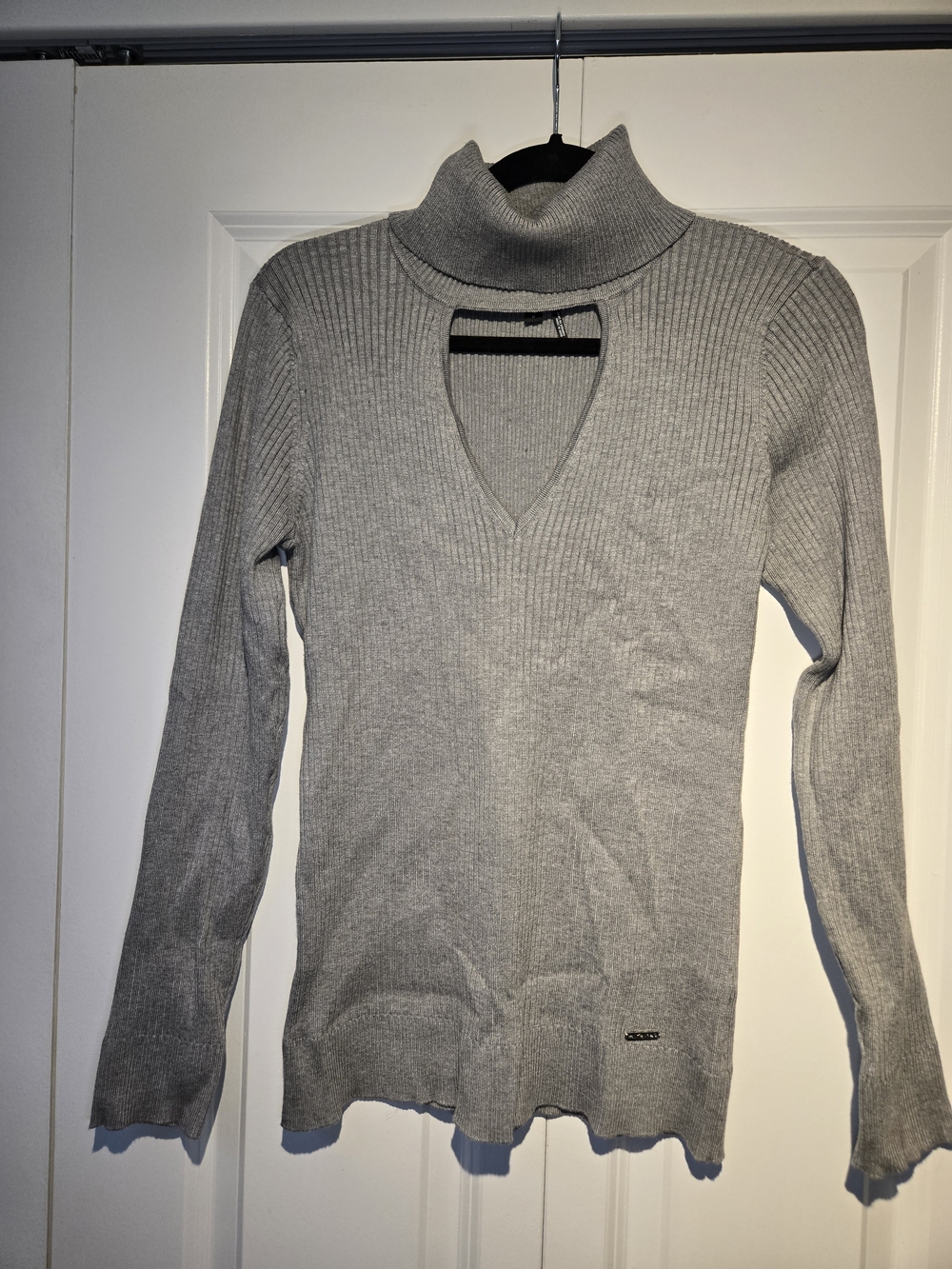 Gray Ribbed Turtleneck Cutout Sweater